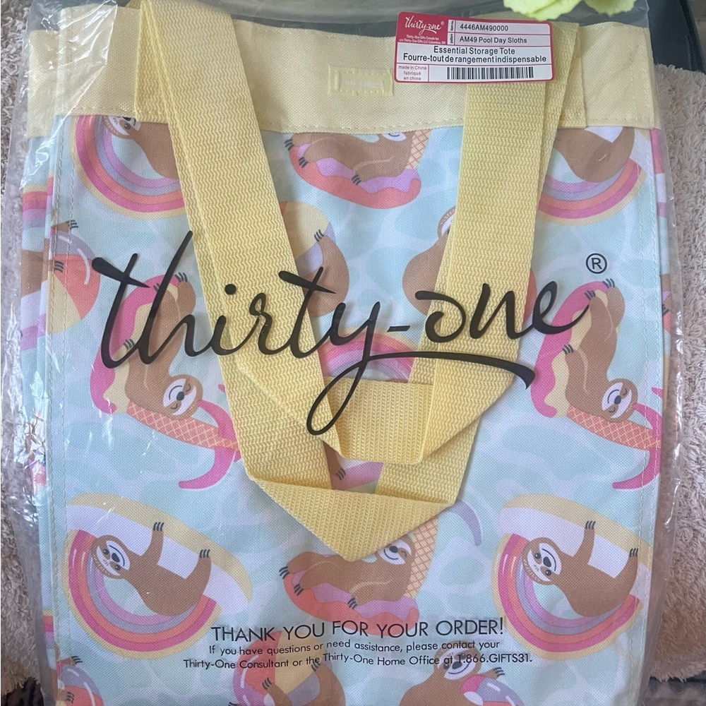Thirty-One Sloth Print Tote with Yellow Handles - Picture 3 of 6